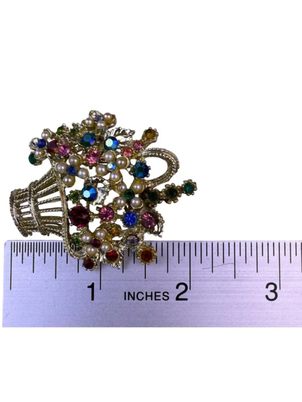 Vintage Womens Gold Tone Metal Brooch Colorful Rhinestones Faux Pearls Basket